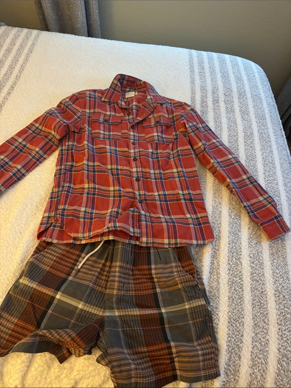 American Eagle Outfitters Kids Red Plaid Shirt and Multicolor Plaid Shorts Set